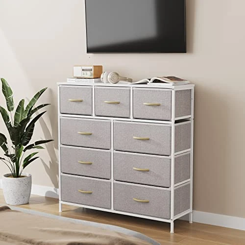Dresser For Bedroom, 9 Drawer Storage Organizer Tall Wide Dresser For Bedroom Hallway, Sturdy Steel Frame Wood Top, Light Grey 4 Dresser For Bedroom, 9 Drawer Storage Organizer Tall Wide Dresser For Bedroom Hallway, Sturdy Steel Frame Wood Top, Light Grey - Image 4