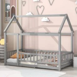 AnwickNomo Twin Size Floor Bed With Fence For Toddler, Montessori Bed With House Roof, Wooden Floor Bed Frame For Boy Girl Kids (Gray)