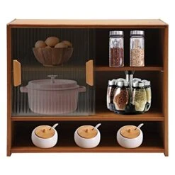 Aohuada Three-Tier Small Bamboo Kitchen Pantry Sideboard With 2 Sliding Striped Glass Doors For Spice Seasoning Bottles, Dish, Bowl, Console Dining Cupboard