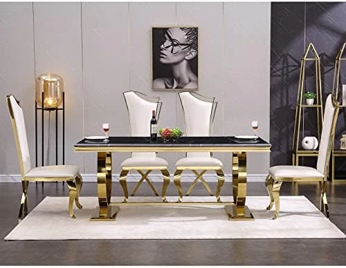 ACEDÉCOR 7 Piece Dining Table Set, Gold Kitchen And Dining Room Sets For 6, Metal Circling Base Dining Table In White Gold, White Leather Upholstered Dining Chairs With Gold Stainless Steel Legs 10 ACEDÉCOR 7 Piece Dining Table Set, Gold Kitchen And Dining Room Sets For 6, Metal Circling Base Dining Table In White Gold, White Leather Upholstered Dining Chairs With Gold Stainless Steel Legs - Image 10