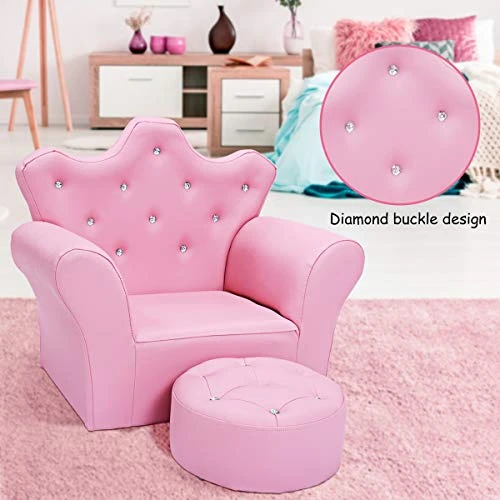 DORTALA Kids Sofa W/Ottoman, Pink Princess Couch W/Crown Shape & Embedded Crystal, PVC Leather Upholstered Armchair W/Solid Wooden Frame For Toddlers Girls, Lightweight Accent Chair, Pink 2 DORTALA Kids Sofa W/Ottoman, Pink Princess Couch W/Crown Shape & Embedded Crystal, PVC Leather Upholstered Armchair W/Solid Wooden Frame For Toddlers Girls, Lightweight Accent Chair, Pink - Image 2