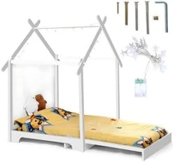 Dreams&Fantasy Montessori Bed For Toddlers, Kids House Bed Made From Solid Wood With Strong Tenon Structure, Baby Floor Bed For Kids, 2-Meters Of LED Star Lights Included, Mattress Not Included, Wood -Safavieh Furniture 41lpys7StBL. AC