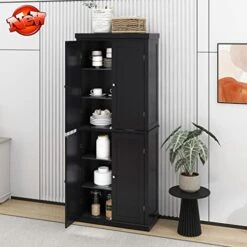 ADRF Upgraded 72.4" 4-Door Kitchen Pantry, Freestanding Storage Cabinet, 6-Tier Cupboard With Adjustable Shelves For Living Room. (Black)