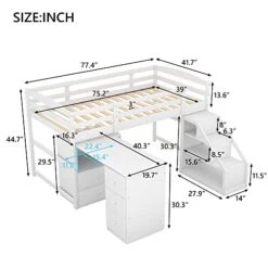 Harper & Bright Designs Twin Loft Bed With Multifunctional Movable Built-in Desk, Wood Low Loft Bed With Stairs, For Kids Teens Girls Boys - White