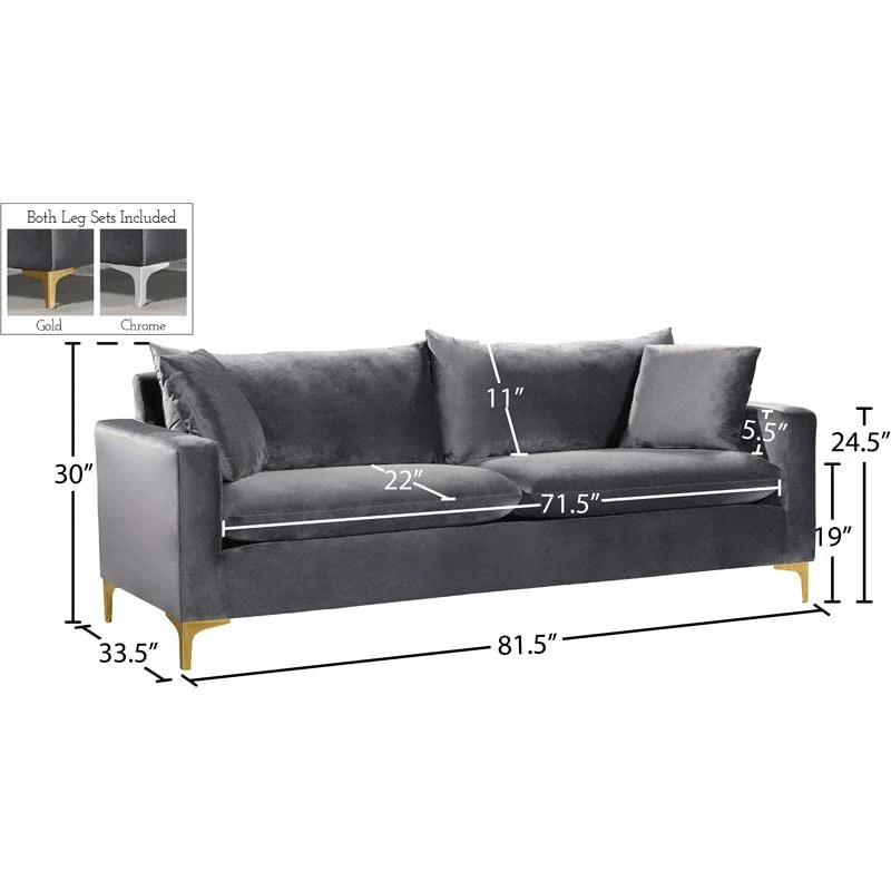 Meridian Furniture Naomi Collection Stainless 1 Modern | Contemporary Velvet Upholstered Sofa With Stainless Steel Base In A Rich Gold Or Chrome Finish, Grey 7 Meridian Furniture Naomi Collection Stainless 1 Modern | Contemporary Velvet Upholstered Sofa With Stainless Steel Base In A Rich Gold Or Chrome Finish, Grey - Image 7