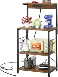 Topfurny Baker‘s Rack With Power Outlet, Microwave Stand Kitchen Storage Shelf, Kitchen Organizer Rack With 5 Hooks, Industrial Coffee Bar Table For Kitchens With Storage, Black -Safavieh Furniture 41mFxBaf7L. AC