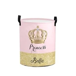 FELIZSTORE Laundry Basket With Name,Custom Princess Gold Crown Diamond Laundry Hamper Storage Bin Organizer With Handles For Clothes,Toy,Nursery
