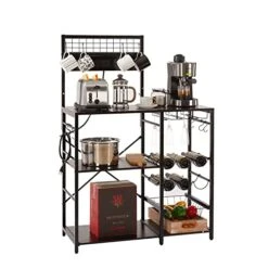 Lovitgo Bakers Rack With Power Outlet Wine Rack, Microwave Stand With Wire Basket, 12 S Hooks, Adjustable Shelves, Kitchen Stands With Storage Suitable ForCoffee Bar, Living Room, Expresso Color