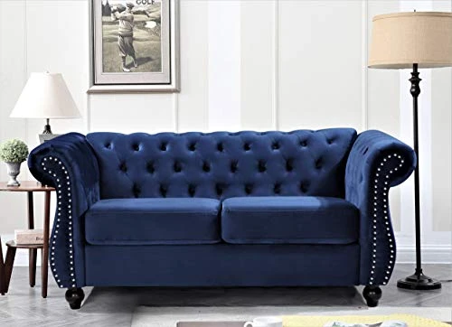 Container Furniture Direct Feinstein Modern Velvet Chesterfield Couches For Living Room With Nailheads, Diamond Tufting & Durable Metal Frame, Loveseat, Sofa, Dark Blue 2 Container Furniture Direct Feinstein Modern Velvet Chesterfield Couches For Living Room With Nailheads, Diamond Tufting & Durable Metal Frame, Loveseat, Sofa, Dark Blue - Image 2