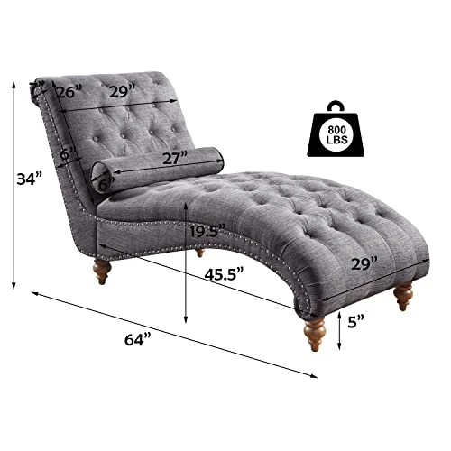 Rosevera Sereno Polyester Upholstered Button Tufting With Toss Pillow Chaise Lounge Chair For Indoor Bedroom, Linen Gray 2 Rosevera Sereno Polyester Upholstered Button Tufting With Toss Pillow Chaise Lounge Chair For Indoor Bedroom, Linen Gray - Image 2