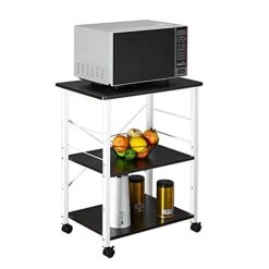 VINGLI Kitchen Cart, 3 Tier Standing Baker's Rack Utility Storage Shelf Microwave Oven Stand With 10 S-Shape Hooks Rolling Lockable Caster (Brown $ White)