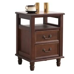 FURUIWUFENG Nightstand Nightstand With 2 Drawer, Wood Bedside Tables Retro Handle Storage Cabinet Mid Century Style For Bedroom Living Room, 13.7" L X12.6 W X21.6 H End Table (Color : Walnut Color)