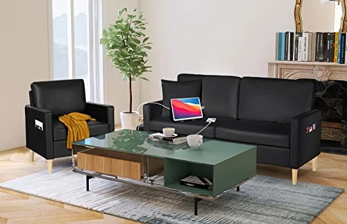 TYBOATLE Modern Faux Leather Living Room Furniture Sectional Sofa Sets 2 Pieces, Loveseat Couch W/ 2 USB Charging Ports And Comfy Accent Arm Chair For Small Space, Apartment, Office, Studio (Black) 1 TYBOATLE Modern Faux Leather Living Room Furniture Sectional Sofa Sets 2 Pieces, Loveseat Couch W/ 2 USB Charging Ports And Comfy Accent Arm Chair For Small Space, Apartment, Office, Studio (Black)