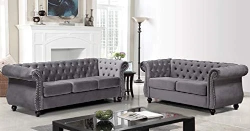 Container Furniture Direct Feinstein Modern Velvet Chesterfield Couches For Living Room With Nailheads, Diamond Tufting & Durable Metal Frame, Loveseat, Sofa, Dark Blue 6 Container Furniture Direct Feinstein Modern Velvet Chesterfield Couches For Living Room With Nailheads, Diamond Tufting & Durable Metal Frame, Loveseat, Sofa, Dark Blue - Image 6