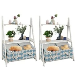 Babion White Ladder Shelf, 3 Tier Ladder Bookshelf With 2 Baskets，Wood Rustic Ladder Bookshelf, Freestanding Storage Organizer Rack, Indoor Plant Stand, Ladder Shelves For Home, 2PCS,White