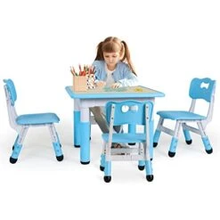 AuAg Kids Table And 4 Chairs Set, Height Adjustable Toddler Study Table And Chair Set For Age 2-10, Multi-Activity Art Table W/Graffiti&Scrubtable Desktop, For Daycare, Classroom, Home (Blue)