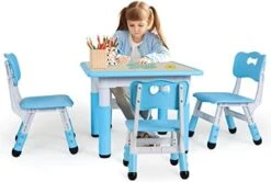 AuAg Kids Table And 4 Chairs Set, Height Adjustable Toddler Study Table And Chair Set For Age 2-10, Multi-Activity Art Table W/Graffiti&Scrubtable Desktop, For Daycare, Classroom, Home (Blue) -Safavieh Furniture 41n6f41s0nL. AC