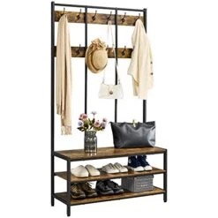 Yaheetech Hall Tree Storage Bench For Entryway, Coat Rack Shoe Bench, 3-in-1 Coat Rack With Bench, 3-Tier Storage Shelves & 24 Hooks For Bedroom, Metal Frame, Rustic Brown