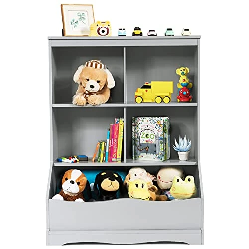 HONEY JOY Kids Toy Storage Organizer With Bookcase, 4-Cubby Organization Storage Cabinet W/Display Shelf, Wooden Toy Storage Unit For Playroom, Nursery Daycare(Gray) 1 HONEY JOY Kids Toy Storage Organizer With Bookcase, 4-Cubby Organization Storage Cabinet W/Display Shelf, Wooden Toy Storage Unit For Playroom, Nursery Daycare(Gray)