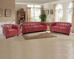 RARZOE 3 Pieces Living Room Furniture Sofa Sets,Modern Faux Leather Chesterfield Sofa&Chesterfield Club Chair&Chesterfield Loveseat Sofas Set With Nailhead Trim Scroll Arms For Living Room,Burgundy