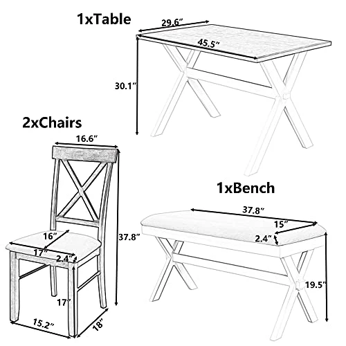 Merax Farmhouse Dining Table Set With Upholstered 2 X-Back Chairs And Bench For 4, Home Kitchen Wooden Furniture, Brown+Beige 3 Merax Farmhouse Dining Table Set With Upholstered 2 X-Back Chairs And Bench For 4, Home Kitchen Wooden Furniture, Brown+Beige - Image 3