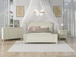 3 Pieces Platform Bed Set, Solid Wood Bedroom Sets With King Size Platform Bed, 6 Drawers Dresser And Nightstand (Milky White)