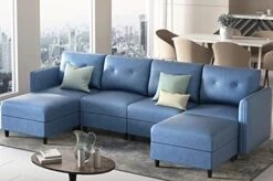 LLappuil Modular Sectional Sofa With Storage, Faux Leather Fabric 7 Seater Modular Sofa With Reversible Chaise, 112 Inch Convertible U Shape Sectional Couch With Ottomans, Aqua Blue -Safavieh Furniture 41nkdMN7Y8L. AC