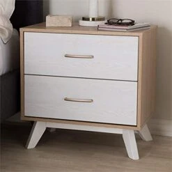 Baxton Studio Helena Mid-Century Modern Natural Oak And Whitewashed Finished Wood 2-Drawer Nightstand