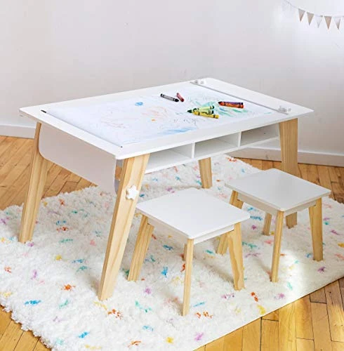Wildkin Kids Arts And Crafts Table Set For Boys And Girls, Mid Century Modern Design Table Includes Two Stools, Paper And Storage Cubbies Underneath Helps Keep Art Supplies Organized (White) 5 Wildkin Kids Arts And Crafts Table Set For Boys And Girls, Mid Century Modern Design Table Includes Two Stools, Paper And Storage Cubbies Underneath Helps Keep Art Supplies Organized (White) - Image 5