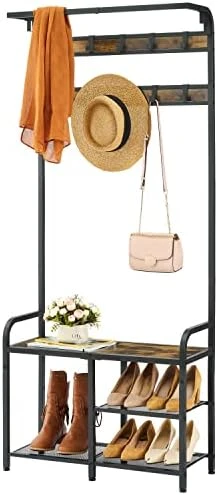Tajsoon Coat Rack, Hall Tree With Bench And Shoe Storage, Coat Rack Shoe Bench, 3-in-1 Shoe Rack And Coat Rack For Entryway, 11.24 X 28.35 X 66.34 Inches, Metal, Rustic Brown And Black 7 Tajsoon Coat Rack, Hall Tree With Bench And Shoe Storage, Coat Rack Shoe Bench, 3-in-1 Shoe Rack And Coat Rack For Entryway, 11.24 X 28.35 X 66.34 Inches, Metal, Rustic Brown And Black - Image 7
