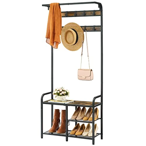 Tajsoon Coat Rack, Hall Tree With Bench And Shoe Storage, Coat Rack Shoe Bench, 3-in-1 Shoe Rack And Coat Rack For Entryway, 11.24 X 28.35 X 66.34 Inches, Metal, Rustic Brown And Black 1 Tajsoon Coat Rack, Hall Tree With Bench And Shoe Storage, Coat Rack Shoe Bench, 3-in-1 Shoe Rack And Coat Rack For Entryway, 11.24 X 28.35 X 66.34 Inches, Metal, Rustic Brown And Black