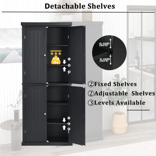 Aybihous3 Freestanding Tall Kitchen Pantry, 72.4" Minimalist Kitchen Storage Cabinet Organizer With 4 Doors And Adjustable Shelves, Black 3 Aybihous3 Freestanding Tall Kitchen Pantry, 72.4" Minimalist Kitchen Storage Cabinet Organizer With 4 Doors And Adjustable Shelves, Black - Image 3