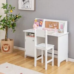 TUOCHUFUN Kids Study Desk With Storage, Wooden Children School Study Table With Hutch And Storage Cabinet For 3-8 Years Girls Boys