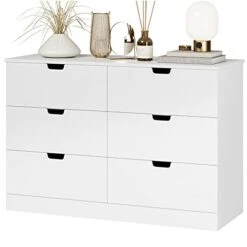 FOTOSOK 6 Drawer Dresser Double Dresser, White Dresser Modern Dresser For Bedroom, 6 Chest Of Drawers Wood Storage Organizer Dresser With Cut-Out Handles For Bedroom,Living Room, Hallway