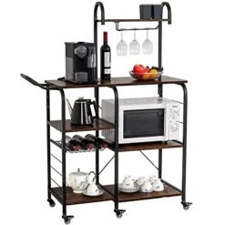 WAYTRIM Kitchen Baker's Rack With Wheels, Utility Storage Kitchen Shelf, 4+3 Tier Microwave Stand Cart With Wire Basket, Wine Glass Rack, Retro Brown Vintage Microwave Stand With Handle, 54in Length