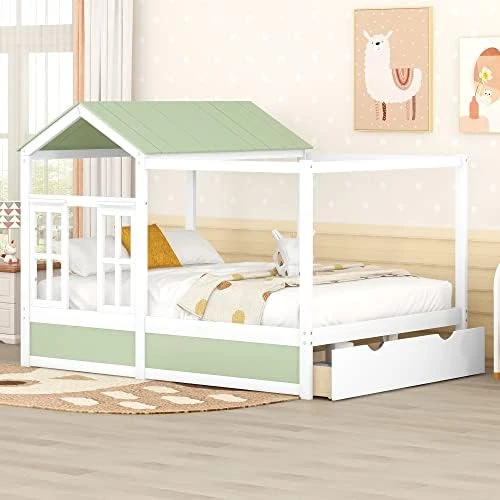 House Bed Full For Kids With Storage Drawer, Wood Cabin Tent Bed Frame For Girls Boys, Montessori Beds With Roof And Window, Full Size, Green 13 House Bed Full For Kids With Storage Drawer, Wood Cabin Tent Bed Frame For Girls Boys, Montessori Beds With Roof And Window, Full Size, Green - Image 13