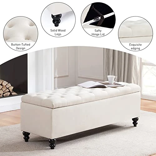 HUIMO Ottoman With Storage, 51-inch Storage Ottoman Bench With Button-Tufted, Bedroom Bench Safety Hinge Ottoman In Upholstered Fabrics, Large Storage Bench For Bedroom, Living Room (Ivory) 3 HUIMO Ottoman With Storage, 51-inch Storage Ottoman Bench With Button-Tufted, Bedroom Bench Safety Hinge Ottoman In Upholstered Fabrics, Large Storage Bench For Bedroom, Living Room (Ivory) - Image 3