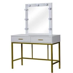 HomVent Makeup Vanity Table With Lighted Mirror, Bedroom Makeup Dressing Table, 2 In 1 Steel Dressing Table＆Study Desk With 9 Lights And 2 Drawers For Daughter, Girlfriend -Safavieh Furniture 41om2nBAafL