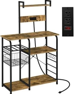 Topeakmart Industrial Kitchen Baker's Rack With Power Outlet, Utility Storage Shelf Unit With Wire Basket And Wine Storage, Coffee Bar Table Organizer With 10 Hooks, Gray -Safavieh Furniture 41oqPpWUqfL. AC