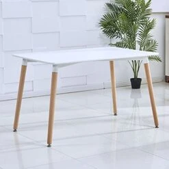 OKAKOPA 42.5" Dining Table, Mid-Century Modern Modern Leisure Coffee Table Rectangle Dining Table For Kitchen And Dining Room Adjustable Feet With Wood Legs (1 Pc White Table)