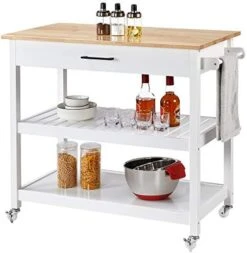 Yaheetech Kitchen Island Cart On Wheels, 3 Tiers Rolling Utility Cart With Drawer And 2 Spacious Storage Shelf, 40'' W Solid Wood Countertop, White -Safavieh Furniture 41pG8m7qpIL. AC