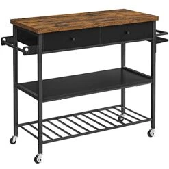 VASAGLE Kitchen Island, Kitchen Cart, 3-Tier Microwave Stand With 2 Drawers, Towel Bar, Spice Holder, 17.7 X 46.9 X 35.8 Inches, Rustic Brown And Black UKKI003B01