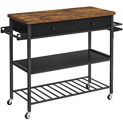 VASAGLE Kitchen Island, Kitchen Cart, 3-Tier Microwave Stand With 2 Drawers, Towel Bar, Spice Holder, 17.7 X 46.9 X 35.8 Inches, Rustic Brown And Black UKKI003B01 1 VASAGLE Kitchen Island, Kitchen Cart, 3-Tier Microwave Stand With 2 Drawers, Towel Bar, Spice Holder, 17.7 X 46.9 X 35.8 Inches, Rustic Brown And Black UKKI003B01