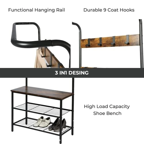 MASISDAOZ Rustic Hall Tree Coat Rack Shoe Bench, 3-in-1 Minimalist Hall Tree Coat 3-Tier Shoe Rack Stand With 9 Hooks For Entryway Hall Foyer Mudroom Bedroom, Easy Assembly, Rustic Brown 2 MASISDAOZ Rustic Hall Tree Coat Rack Shoe Bench, 3-in-1 Minimalist Hall Tree Coat 3-Tier Shoe Rack Stand With 9 Hooks For Entryway Hall Foyer Mudroom Bedroom, Easy Assembly, Rustic Brown - Image 2
