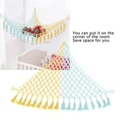 Stuffed Animal Hammock, Woven Triangle Wooden Bead Tassel Toys Storage Hammock Plush Toy Organizer Mesh With Hooks Hanging Stuffed Animal Storage Net For Home, Nursery, Preschool(Blue And Yellow) -Safavieh Furniture 41pQH7hYjpL