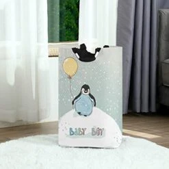 Baby Boy Little Penguin Large Laundry Baskets Washing Hamper Bag Snow Yellow Balloon Dirty Clothes Storage Bin Toy Book Clothing Holder With Handles For Home Bathroom Bedroom 50L
