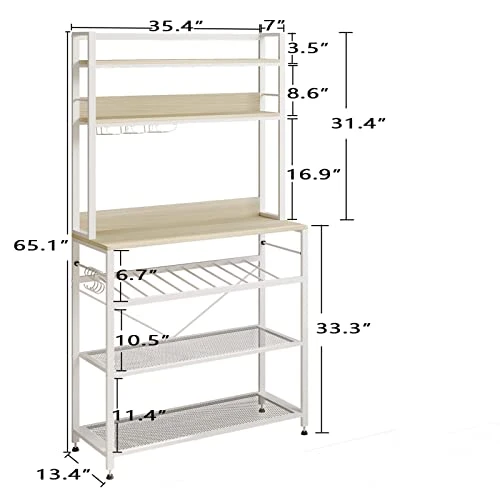 6 Tier Kitchen Bakers Rack With Wine Storage, Freestanding Kitchen Shelves With Hutch, Microwave Oven Stand, Coffee Bar Station With 4 Hooks, Wine Glass Holder, White Oak 35.5L X 13.8W X 64.7H 2 6 Tier Kitchen Bakers Rack With Wine Storage, Freestanding Kitchen Shelves With Hutch, Microwave Oven Stand, Coffee Bar Station With 4 Hooks, Wine Glass Holder, White Oak 35.5L X 13.8W X 64.7H - Image 2
