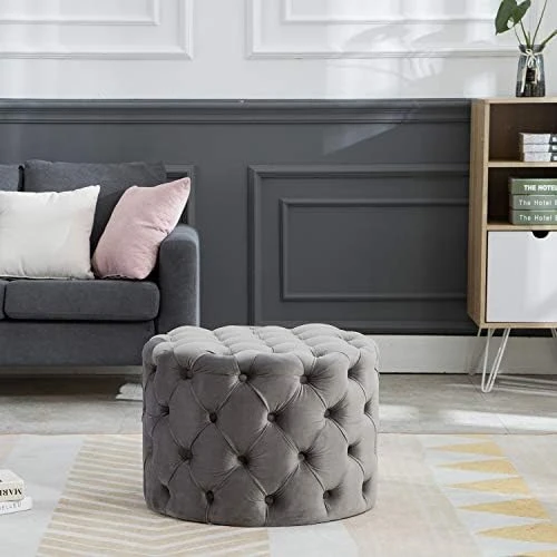 Kmax Round Velvet Ottoman, Classic Button Tufted Ottoman Living Room Footrest, 23.62" X 23.62" X 17.72" Blue 6 Kmax Round Velvet Ottoman, Classic Button Tufted Ottoman Living Room Footrest, 23.62" X 23.62" X 17.72" Blue - Image 6