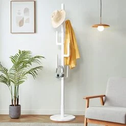 TinyTimes Wooden Coat Rack Free Standing, Cactus Shape, Sturdy Rustic Hall Tree Coat Tree Coat Hanger With 6 Hooks, For Coat, Hat, Clothes, Scarves, Handbags, Umbrella - White