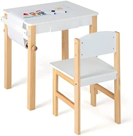Costzon Kids Table And Chair Set, Toddler Study Desk W/Paper Roll, Drawer, 2 Marker Pens, Wooden Activity Table Set For Playroom & Nursery, Gift For Boys & Girls, Toddler Table & Chair (White) 7 Costzon Kids Table And Chair Set, Toddler Study Desk W/Paper Roll, Drawer, 2 Marker Pens, Wooden Activity Table Set For Playroom & Nursery, Gift For Boys & Girls, Toddler Table & Chair (White) - Image 7